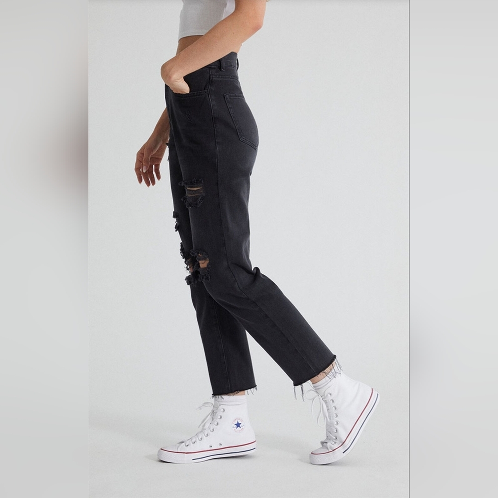 PACSUN Black High Waisted Straight Leg Jeans Raw Ripped Distressed Womens - Picture 11 of 11
